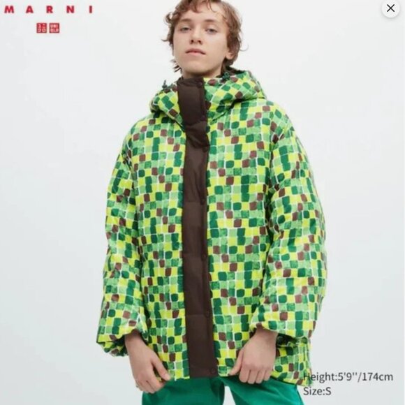 Uniqlo x Marni Oversized Down Hooded Coat Green Hand-Drawn Print S 4-10 - Picture 3 of 10